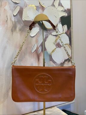 Tory Burch Cognac Leather Shoulder Bag with Gold Chain